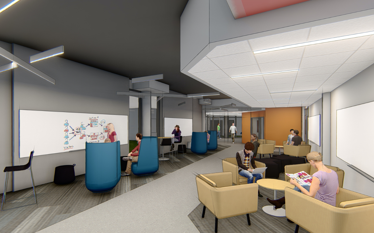Digital design rendering of University of Iowa, College of Education interior commons area