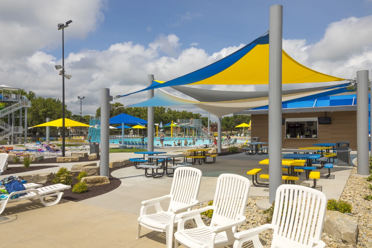 Outdoor waterpark concessions and poolside chairs